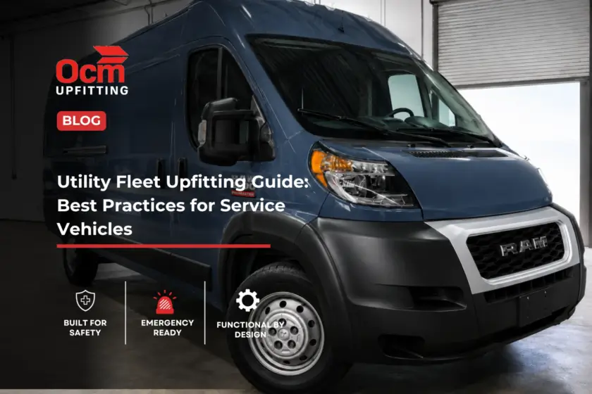 Clean blue RAM ProMaster cargo van inside a professional upfitting shop for commercial fleet vehicle customization and service van equipment installation.