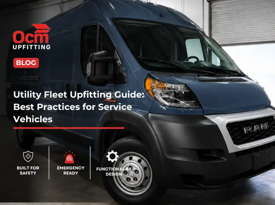 Clean blue RAM ProMaster cargo van inside a professional upfitting shop for commercial fleet vehicle customization and service van equipment installation.