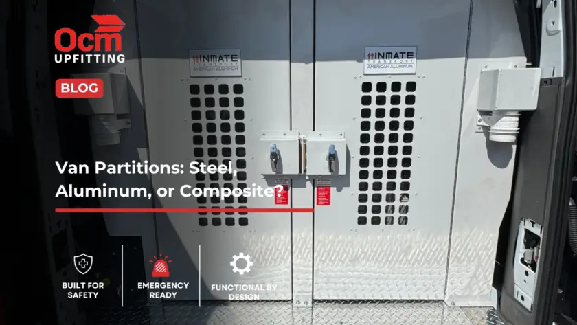 OCM Upfitting aluminum van partition with secure access doors, safety features, and durable cargo area installation.