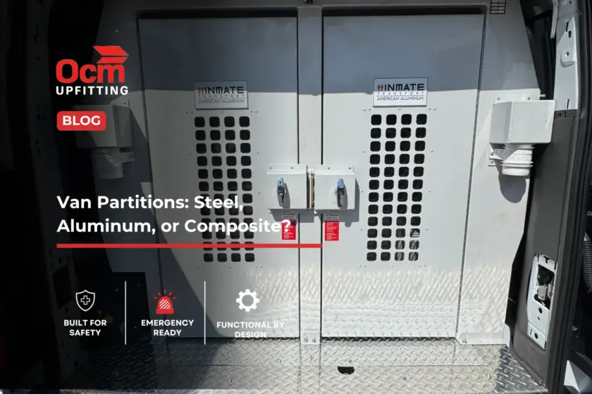 OCM Upfitting aluminum van partition with secure access doors, safety features, and durable cargo area installation.