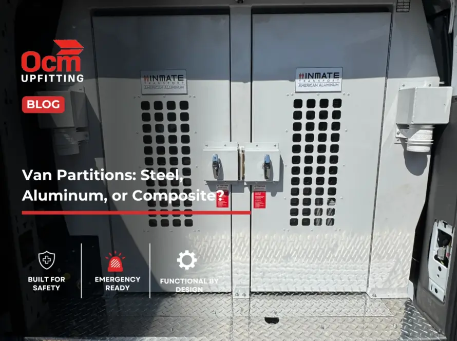 OCM Upfitting aluminum van partition with secure access doors, safety features, and durable cargo area installation.