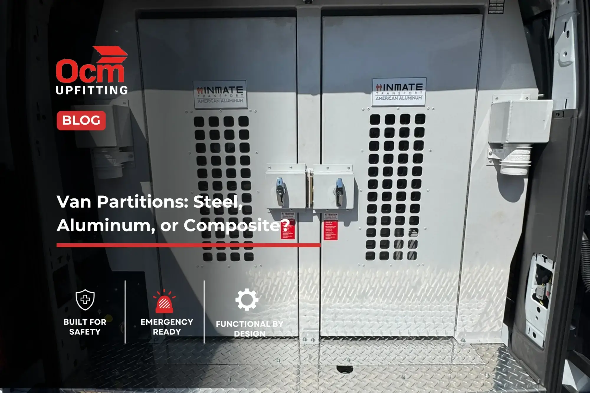 OCM Upfitting aluminum van partition with secure access doors, safety features, and durable cargo area installation.