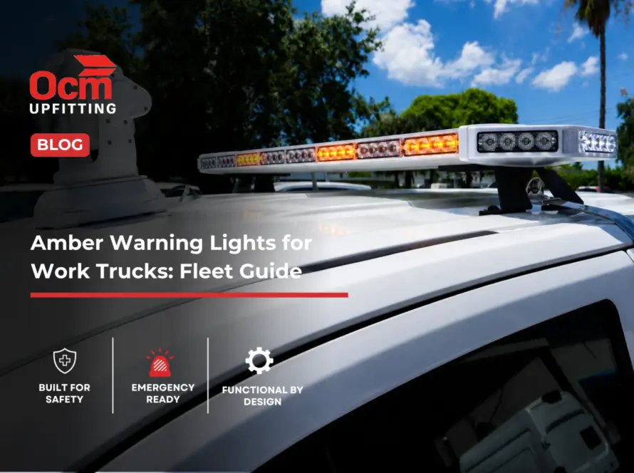 Roof-mounted amber warning lights for work trucks on a white utility vehicle in bright daylight.