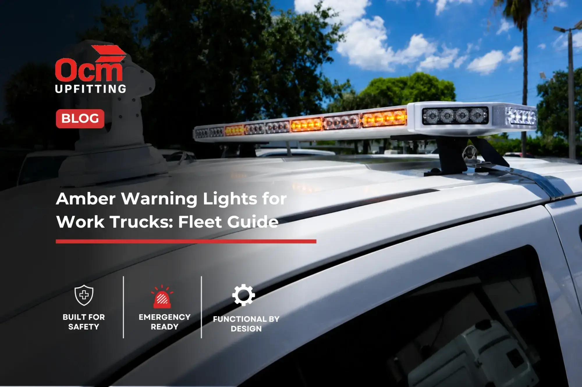 Roof-mounted amber warning lights for work trucks on a white utility vehicle in bright daylight.