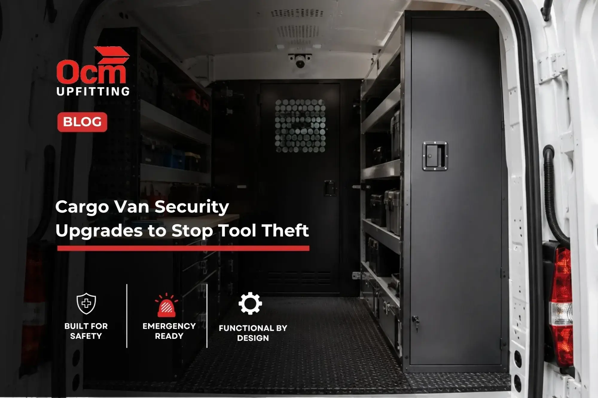 Secure cargo van interior with lockable cabinets, organized shelving, tool storage, partition, and mounted security camera for commercial fleet tool theft prevention.