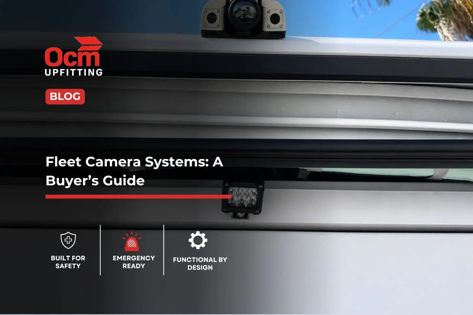 Roof-mounted security camera and rear LED work light professionally installed on a white specialty vehicle.