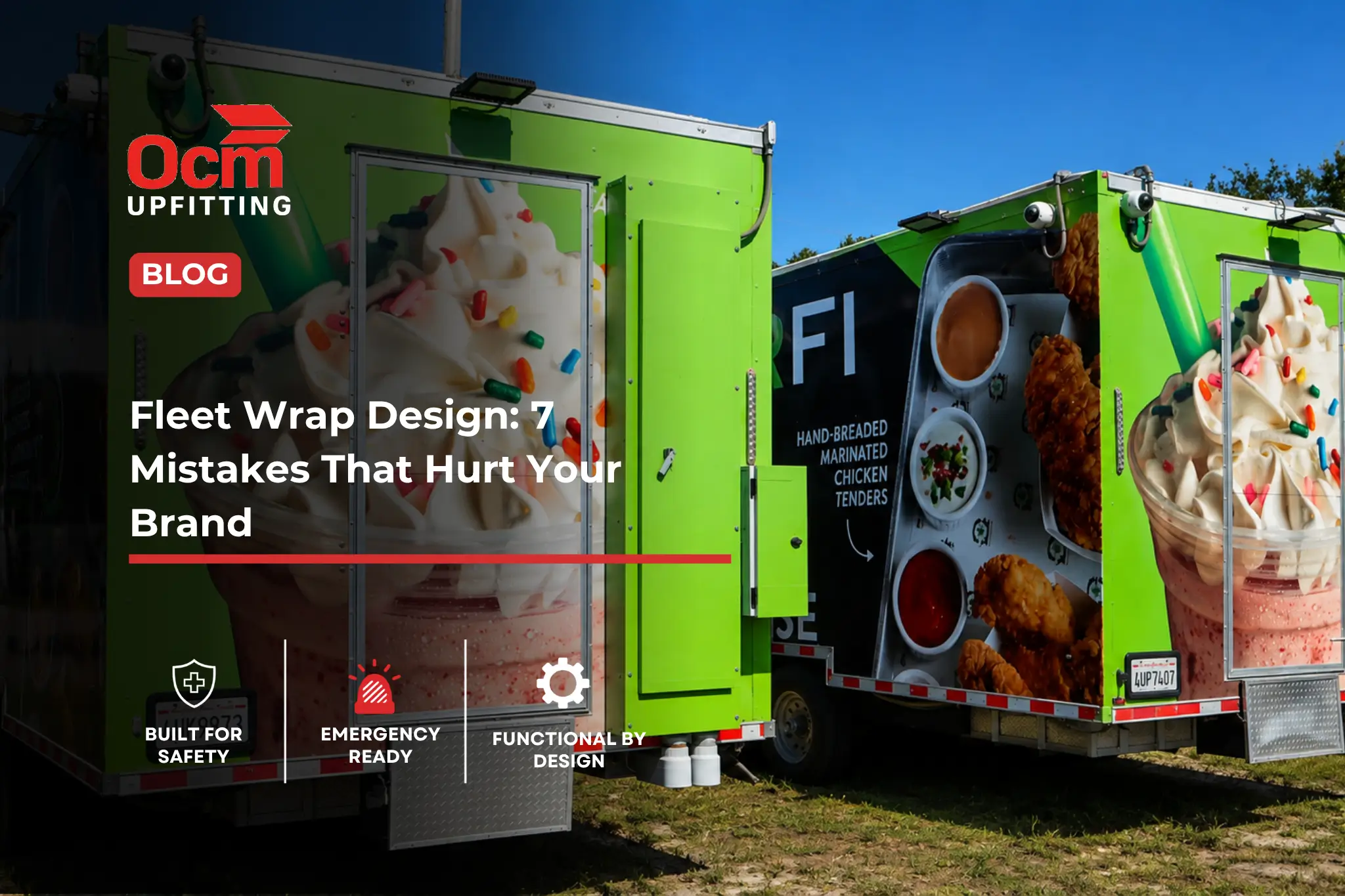 Two green food trailers with colorful milkshake and chicken tender graphics parked outdoors under a clear blue sky.