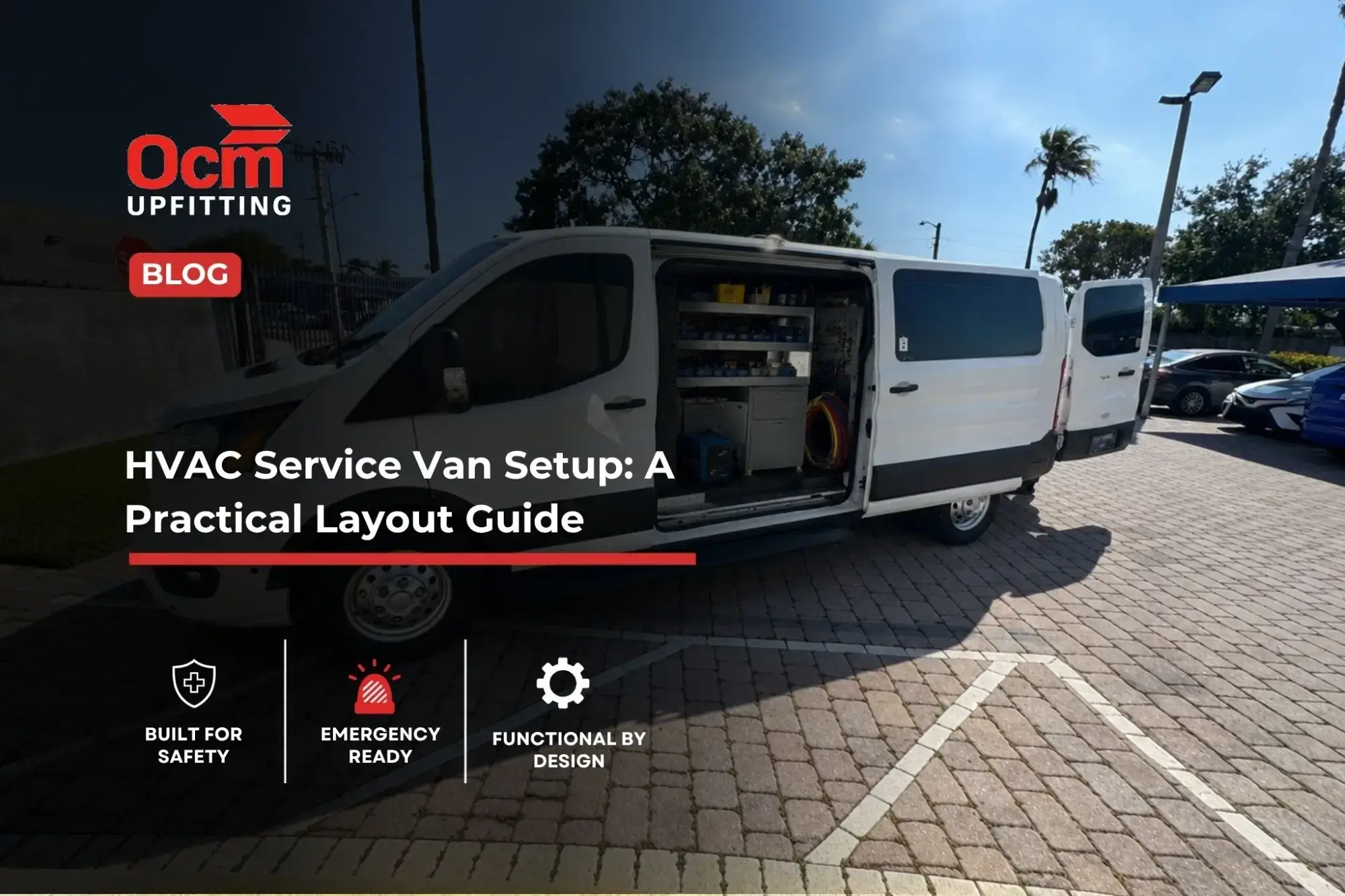 White HVAC service van with open side and rear doors, organized shelving, tools, parts bins, hoses, and equipment arranged for efficient field service.