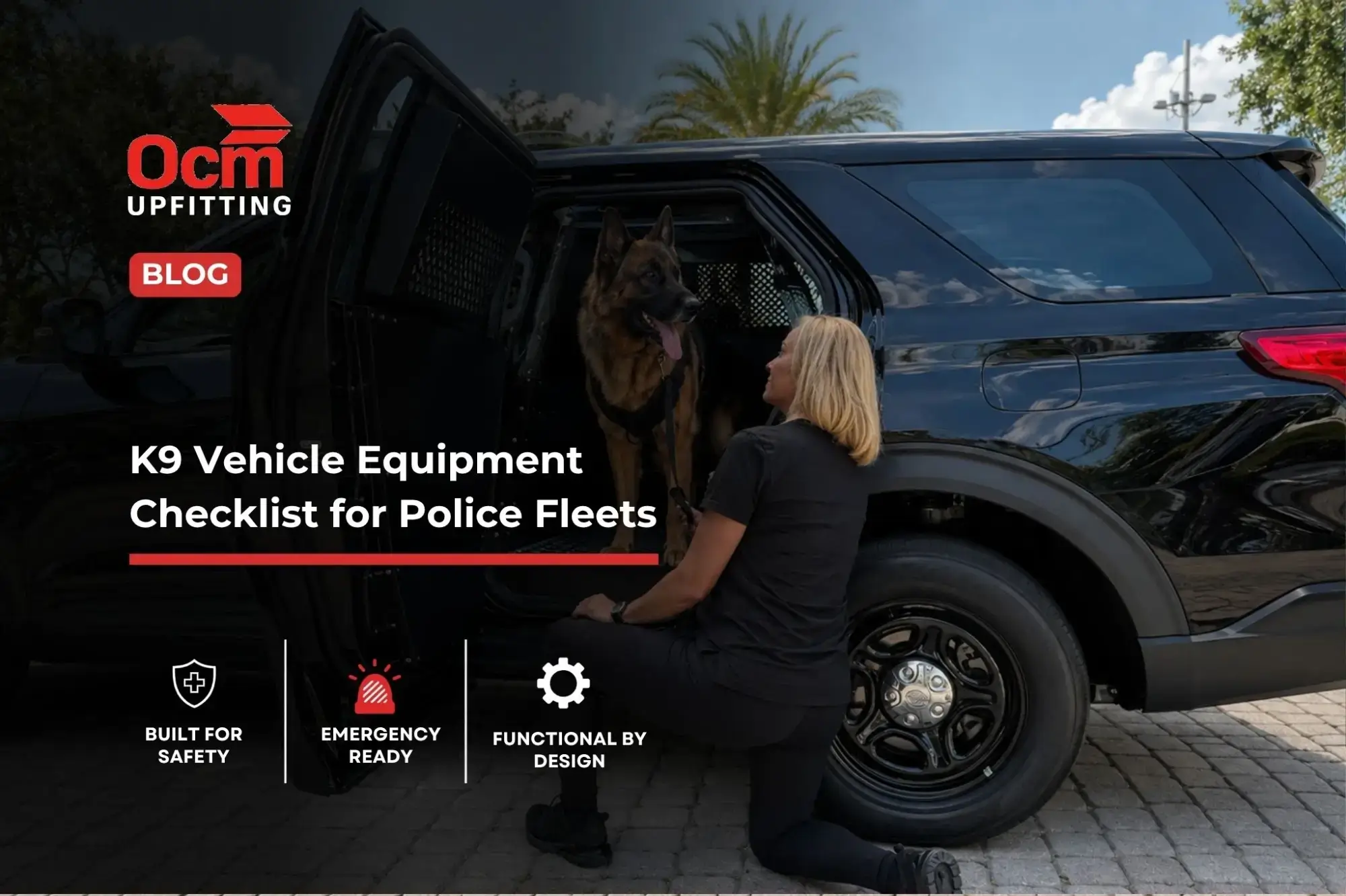 Police K9 handler beside a German Shepherd in a secure transport module inside a black law enforcement SUV, showcasing professional K9 vehicle equipment.