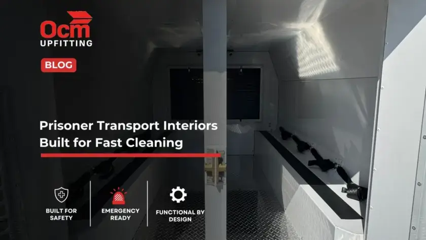OCM Upfitting prisoner transport van interior with aluminum seating, durable diamond-plate flooring, and easy-clean surfaces designed for secure detainee transport.