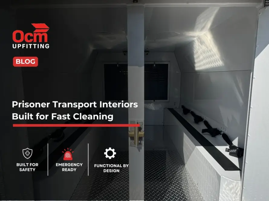 OCM Upfitting prisoner transport van interior with aluminum seating, durable diamond-plate flooring, and easy-clean surfaces designed for secure detainee transport.