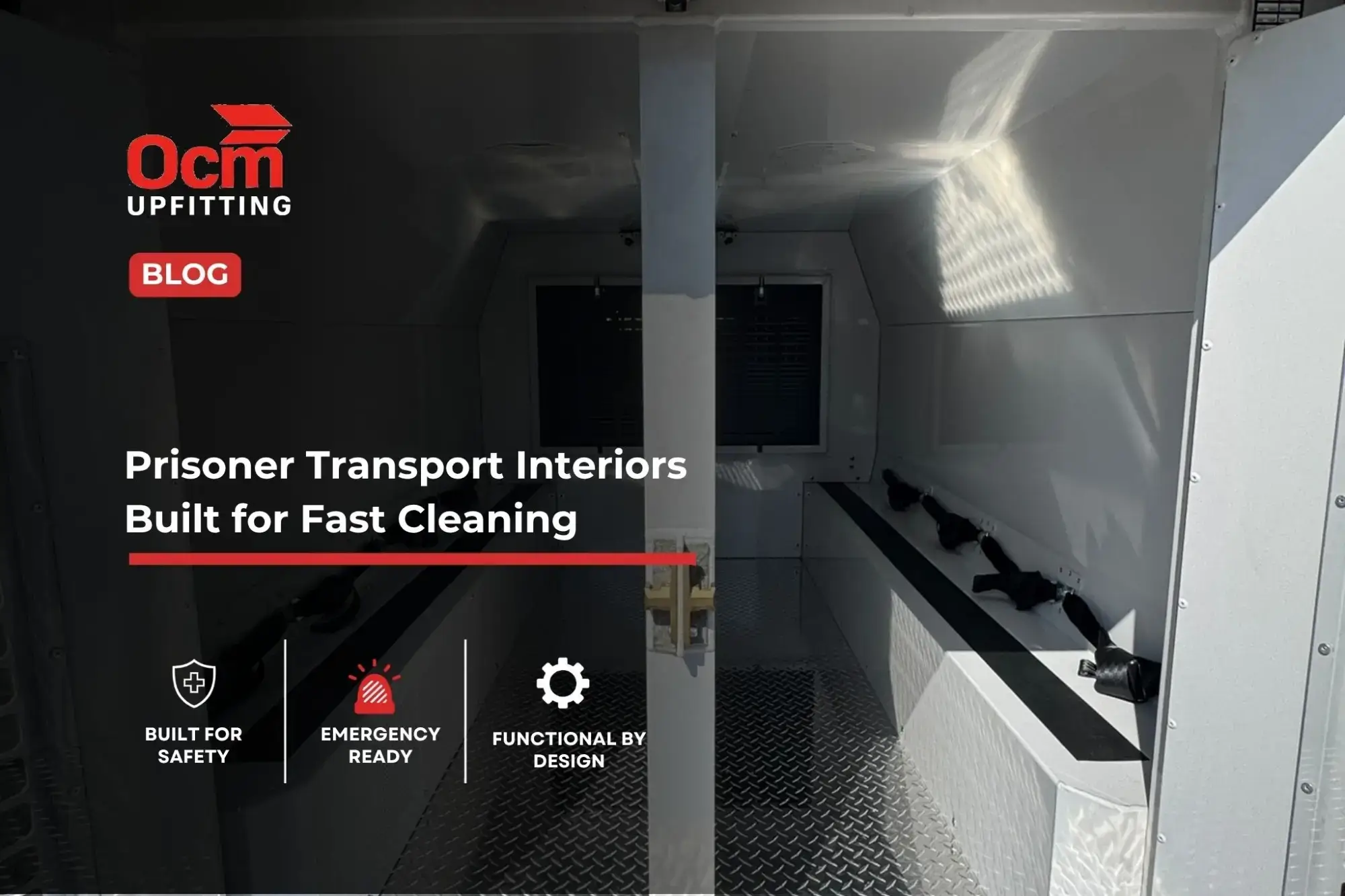 OCM Upfitting prisoner transport van interior with aluminum seating, durable diamond-plate flooring, and easy-clean surfaces designed for secure detainee transport.