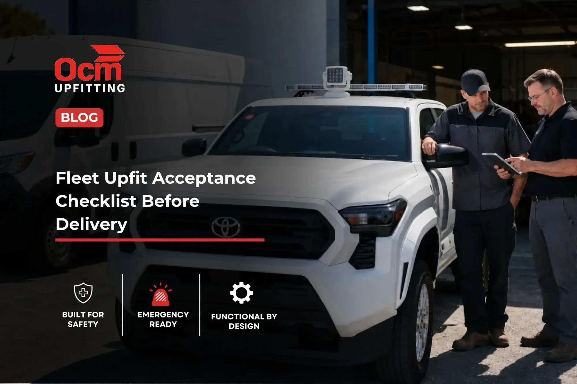 Fleet technician and manager reviewing an upfitted Toyota pickup during a pre-delivery inspection outside a professional vehicle upfitting facility.