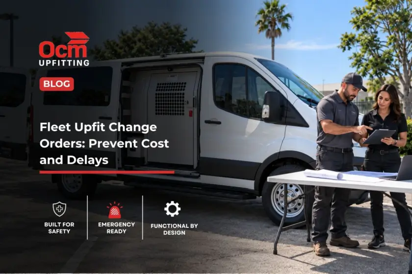 Two fleet professionals review vehicle upfit plans beside a white commercial van with an installed partition and interior equipment.