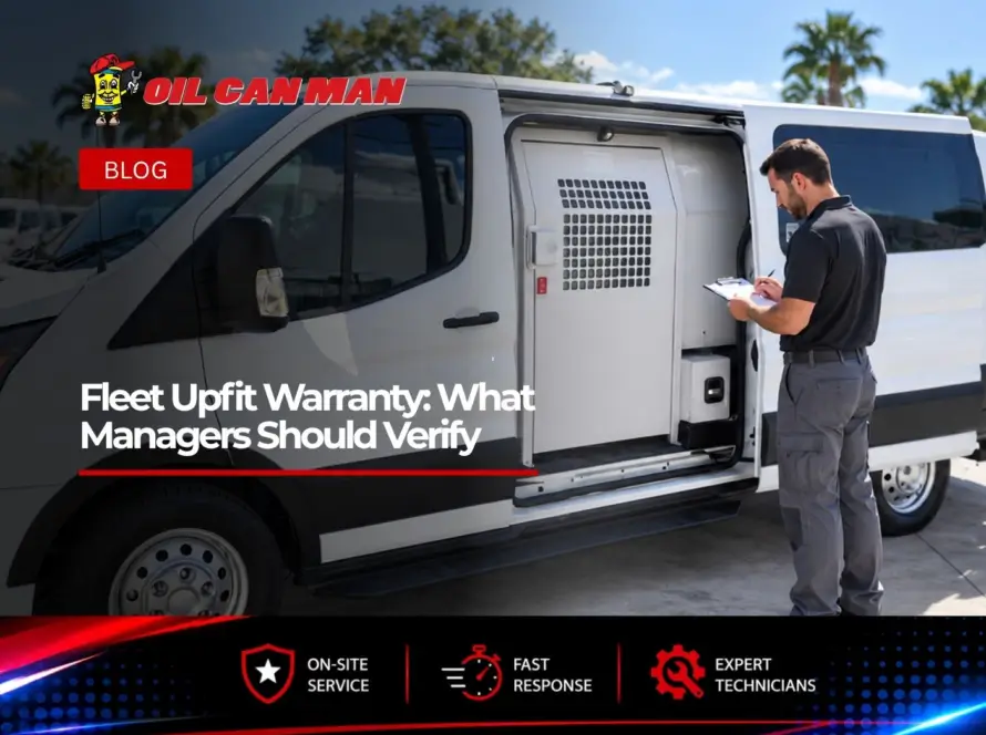 Fleet technician inspecting and documenting a professionally upfitted white service van during a pre-delivery warranty and equipment review.