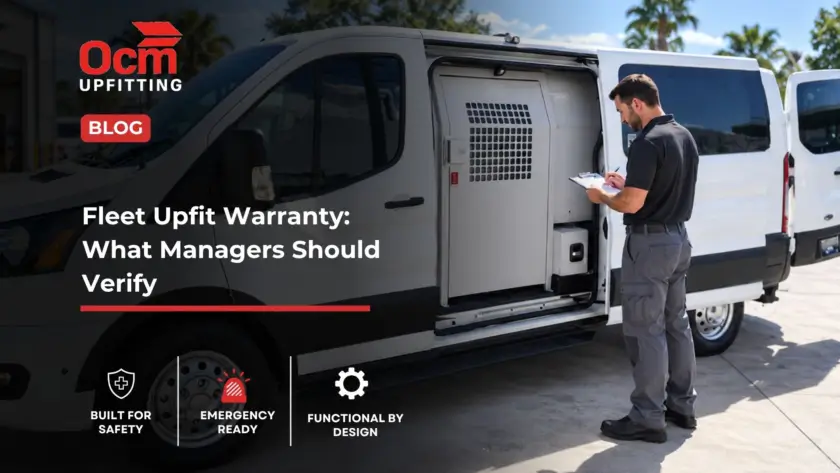 Fleet technician inspecting and documenting a professionally upfitted white service van during a pre-delivery warranty and equipment review.
