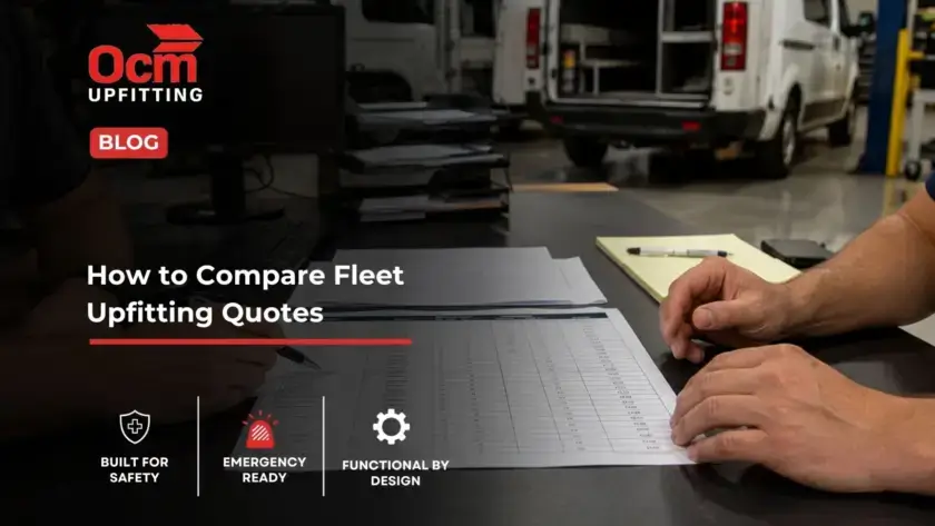 Fleet managers reviewing upfitting proposals and comparison documents in a professional vehicle upfitting workshop with service vans in the background.