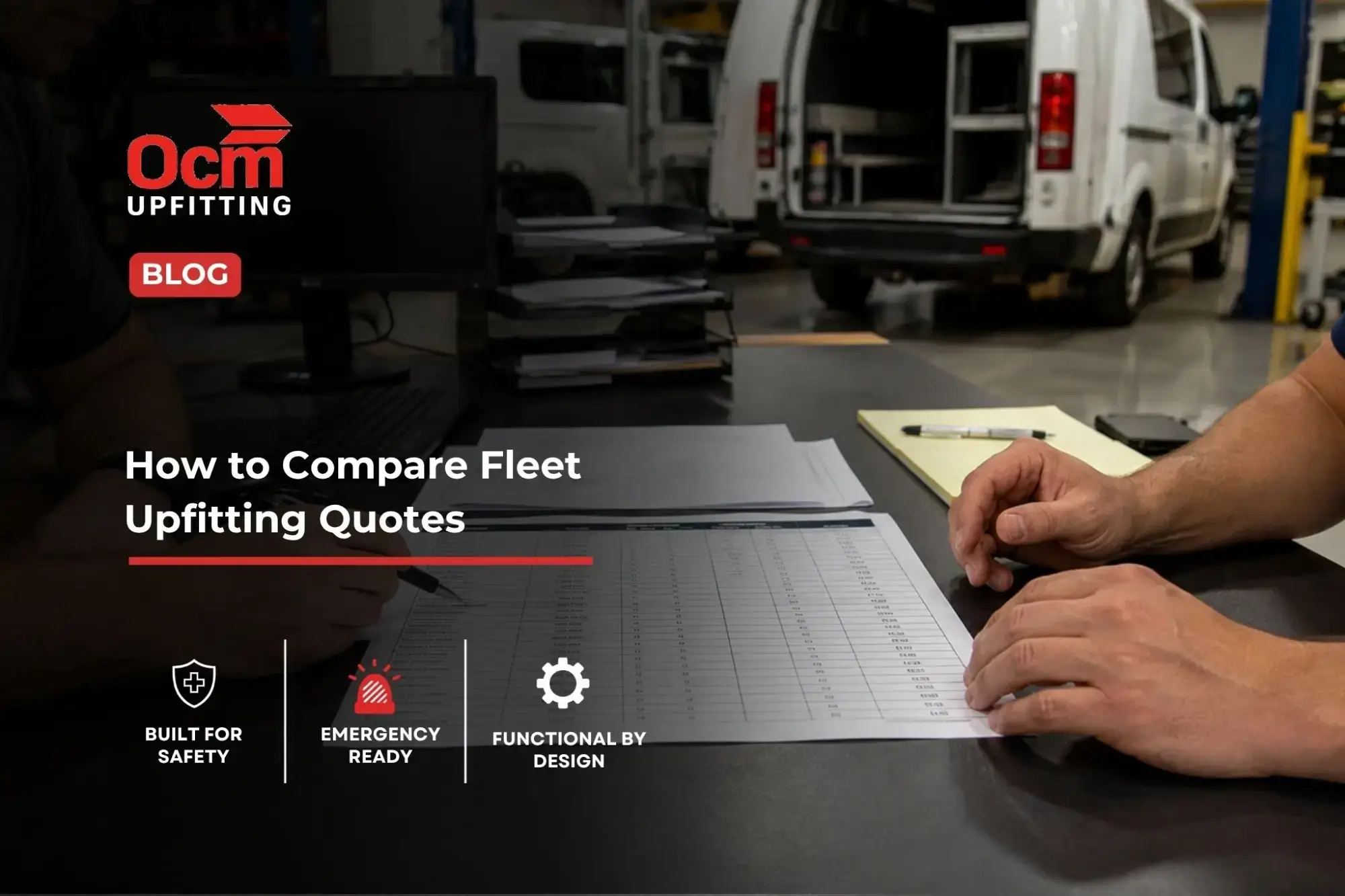 Fleet managers reviewing upfitting proposals and comparison documents in a professional vehicle upfitting workshop with service vans in the background.