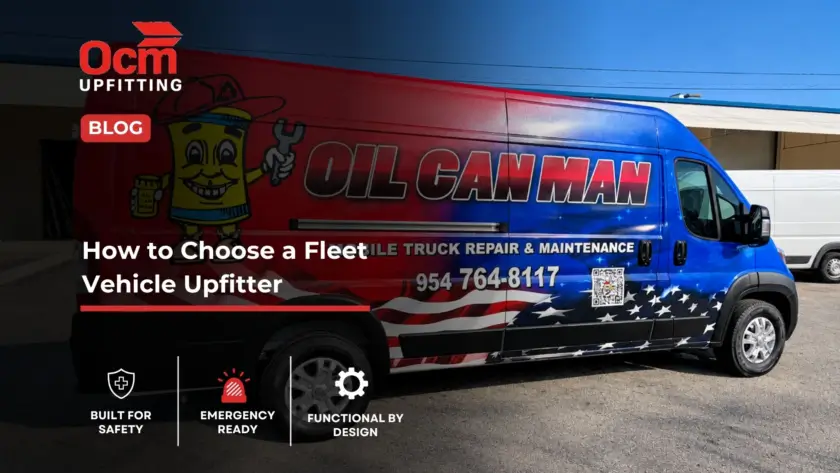 Oil Can Man mobile truck repair and maintenance service van with red, white, and blue fleet graphics parked outside a commercial facility.