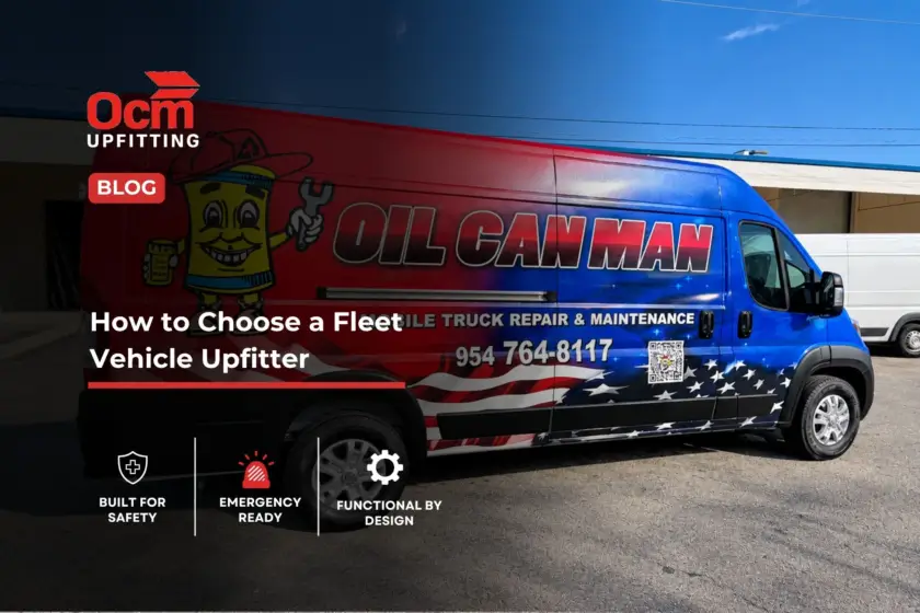 Oil Can Man mobile truck repair and maintenance service van with red, white, and blue fleet graphics parked outside a commercial facility.