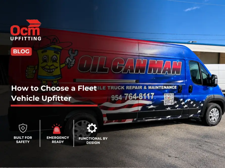 Oil Can Man mobile truck repair and maintenance service van with red, white, and blue fleet graphics parked outside a commercial facility.