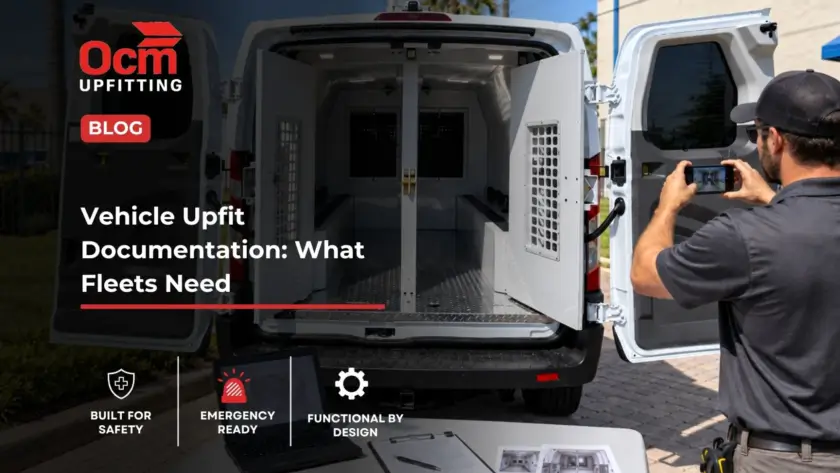 Technician documenting a professionally upfitted fleet van with a smartphone, laptop, build records, wiring diagrams, and equipment documentation.