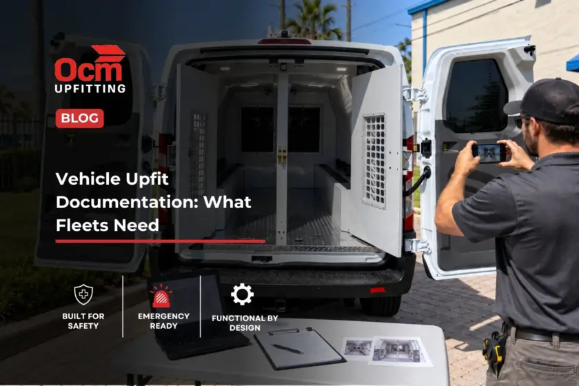 Technician documenting a professionally upfitted fleet van with a smartphone, laptop, build records, wiring diagrams, and equipment documentation.