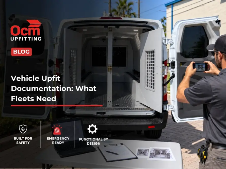 Technician documenting a professionally upfitted fleet van with a smartphone, laptop, build records, wiring diagrams, and equipment documentation.