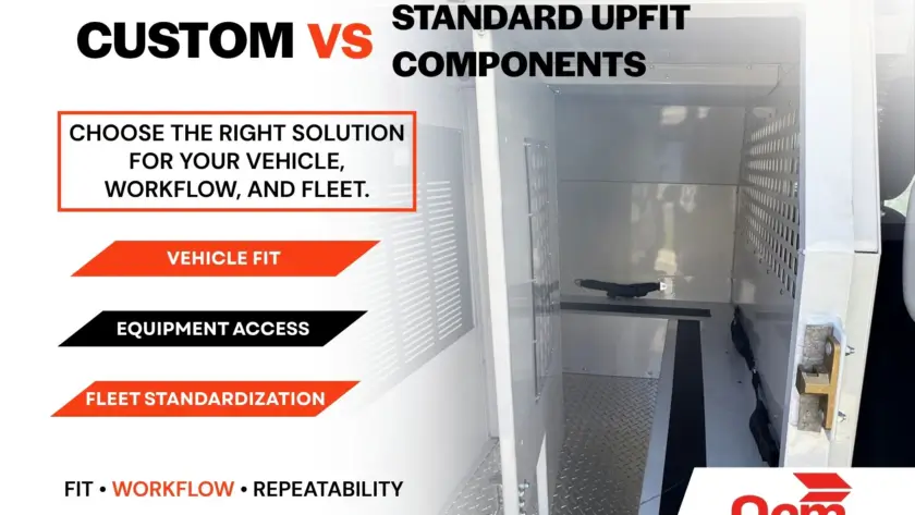 Custom vs. standard upfit components featured graphic showing a commercial vehicle storage interior with key considerations for vehicle fit, equipment access, workflow, and fleet standardization.