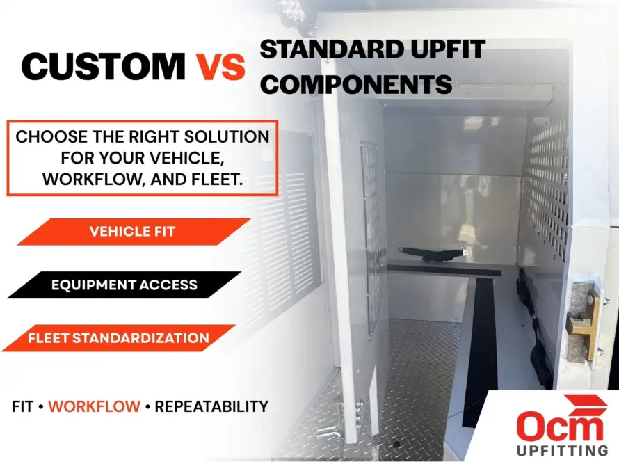 Custom vs. standard upfit components featured graphic showing a commercial vehicle storage interior with key considerations for vehicle fit, equipment access, workflow, and fleet standardization.
