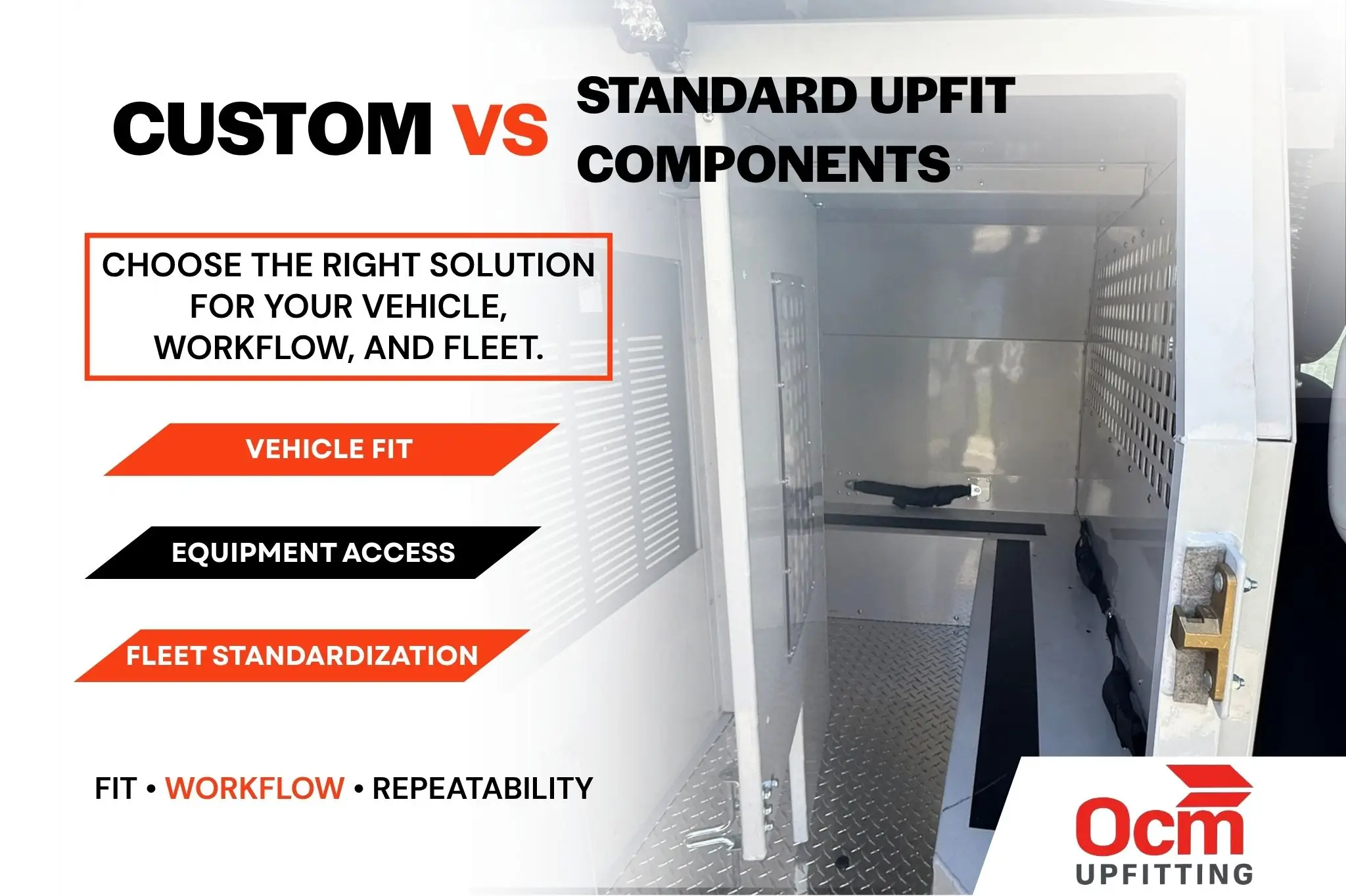 Custom vs. standard upfit components featured graphic showing a commercial vehicle storage interior with key considerations for vehicle fit, equipment access, workflow, and fleet standardization.