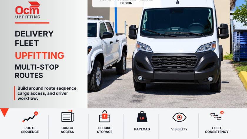 OCM Upfitting featured graphic for delivery fleet upfitting, showing a commercial cargo van with key planning factors for multi-stop routes, including route sequence, cargo access, secure storage, payload, visibility, and fleet consistency.