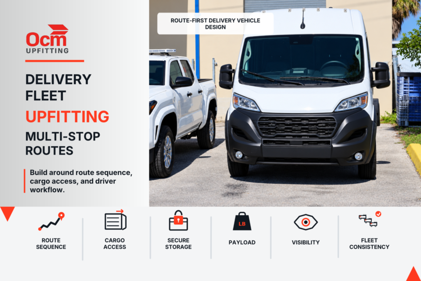 OCM Upfitting featured graphic for delivery fleet upfitting, showing a commercial cargo van with key planning factors for multi-stop routes, including route sequence, cargo access, secure storage, payload, visibility, and fleet consistency.