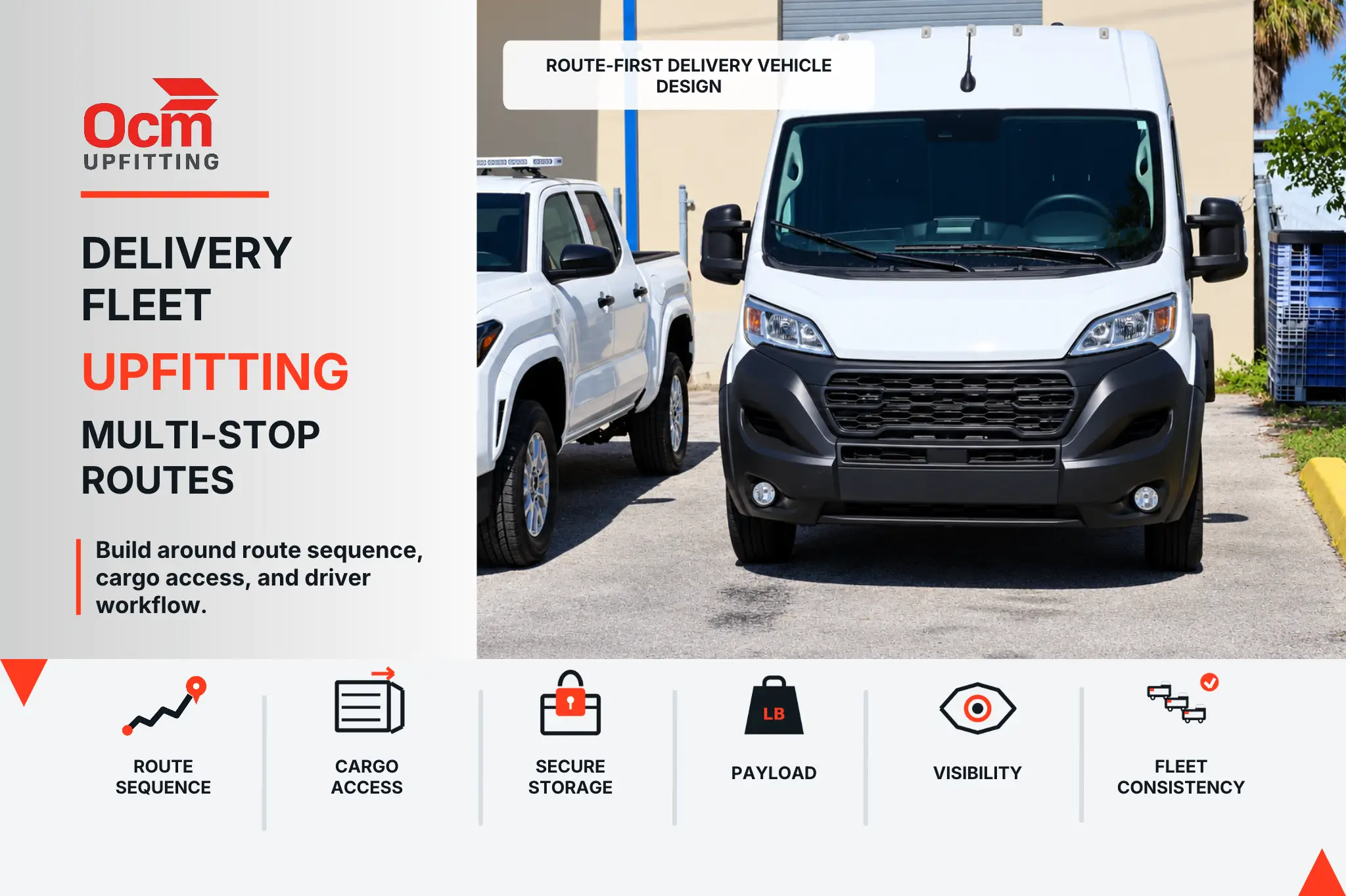OCM Upfitting featured graphic for delivery fleet upfitting, showing a commercial cargo van with key planning factors for multi-stop routes, including route sequence, cargo access, secure storage, payload, visibility, and fleet consistency.