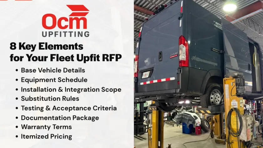 OCM Upfitting fleet van on a shop lift beside an infographic showing eight key elements to include in a fleet upfit RFP.