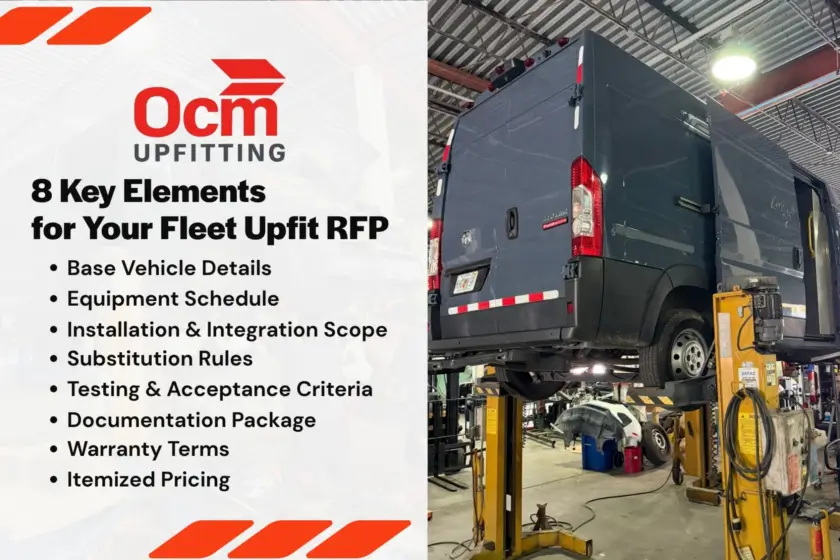 OCM Upfitting fleet van on a shop lift beside an infographic showing eight key elements to include in a fleet upfit RFP.