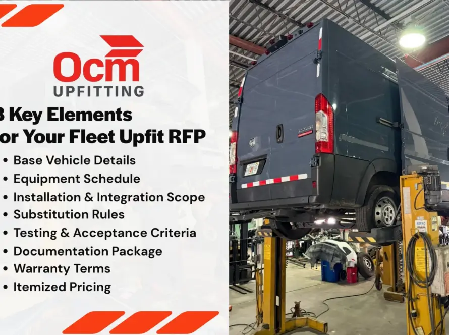 OCM Upfitting fleet van on a shop lift beside an infographic showing eight key elements to include in a fleet upfit RFP.