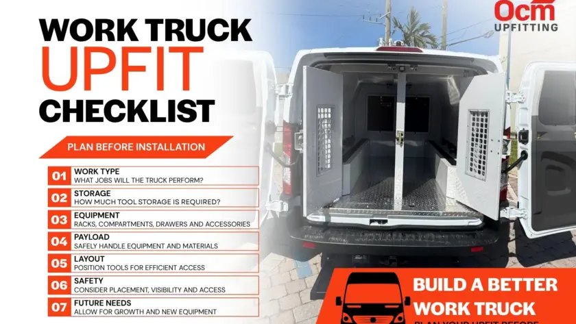 Work truck upfit checklist showing storage, equipment, payload, layout, safety, and future planning beside an organized service van interior.