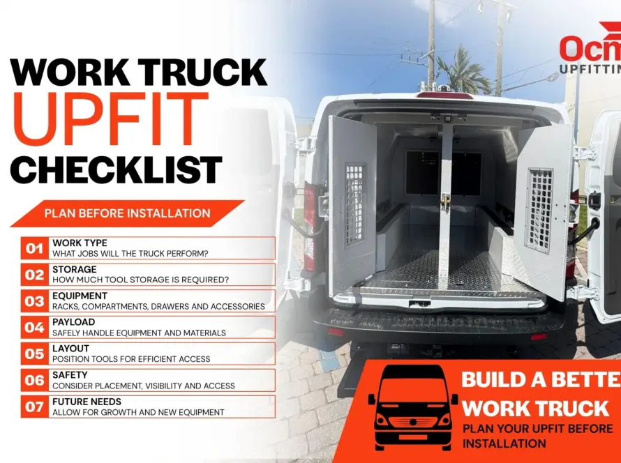 Work truck upfit checklist showing storage, equipment, payload, layout, safety, and future planning beside an organized service van interior.