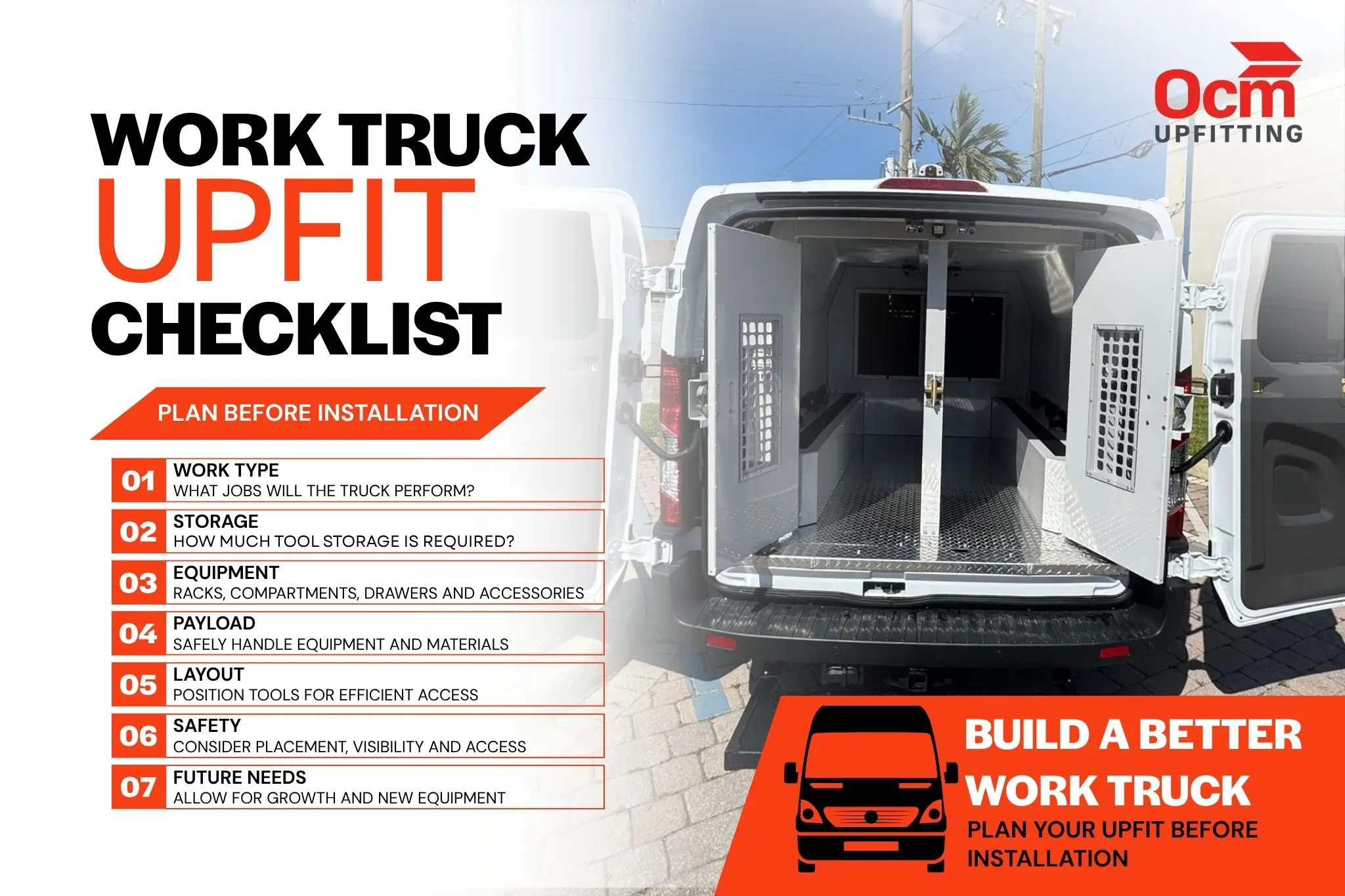 Work truck upfit checklist showing storage, equipment, payload, layout, safety, and future planning beside an organized service van interior.