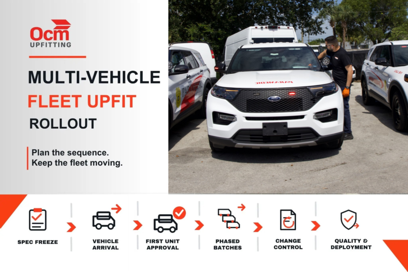 Three upfitted paramedic Explorers staged in the yard while an OCM Upfitting technician works on the lead vehicle