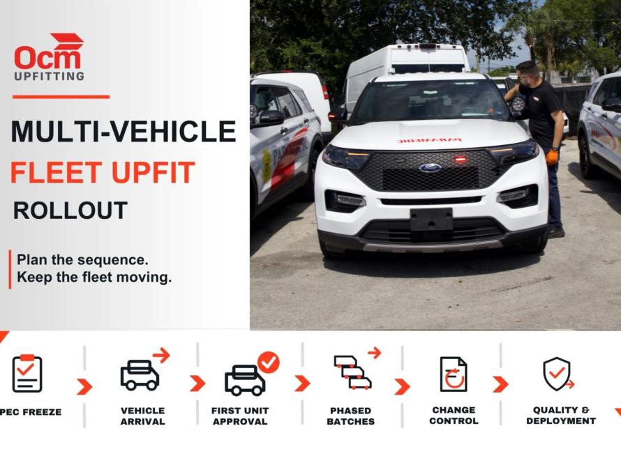 Three upfitted paramedic Explorers staged in the yard while an OCM Upfitting technician works on the lead vehicle