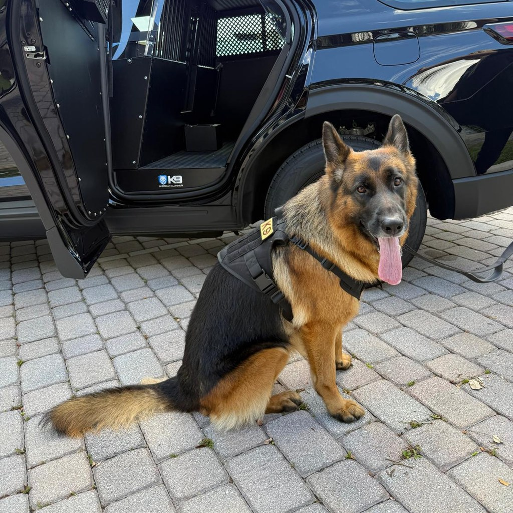 Police K9 seated beside a Ford Police Interceptor Utility with the rear K9 transport insert door open