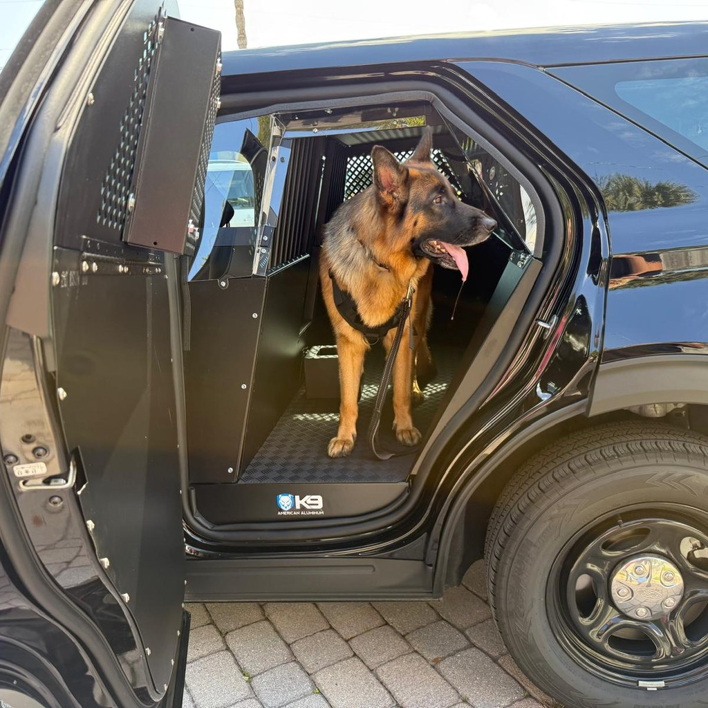K9 transport insert in a black Ford Police Interceptor Utility with a police dog in the rear compartment
